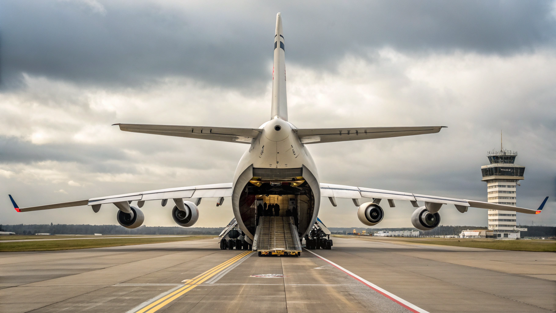 Large cargo airplane on an airport runway at sunset