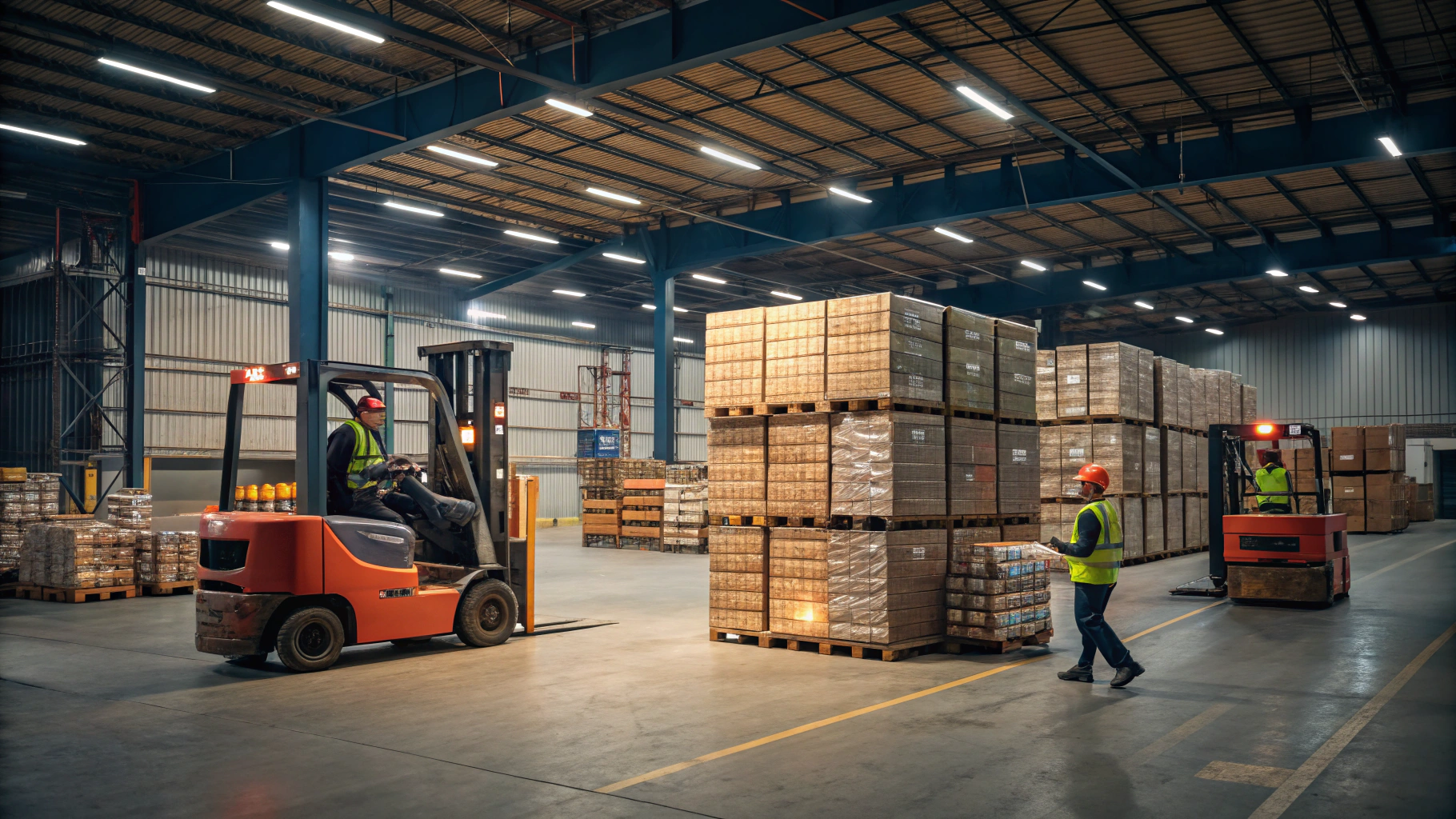 Warehouse worker operating a forklift to move pallets of goods